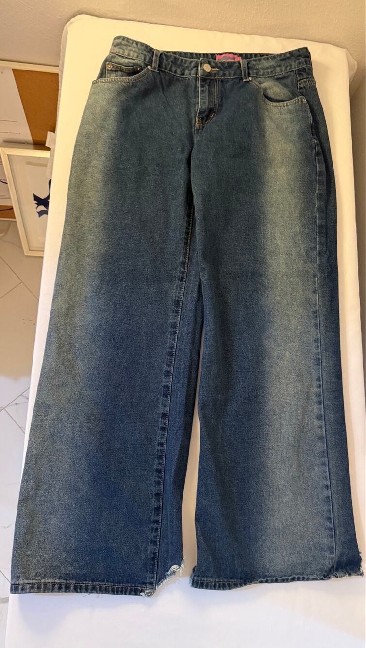 Edikted Wide Leg Baggy Jeans Size L Blue Distressed Raw Hem Y2K Unisex